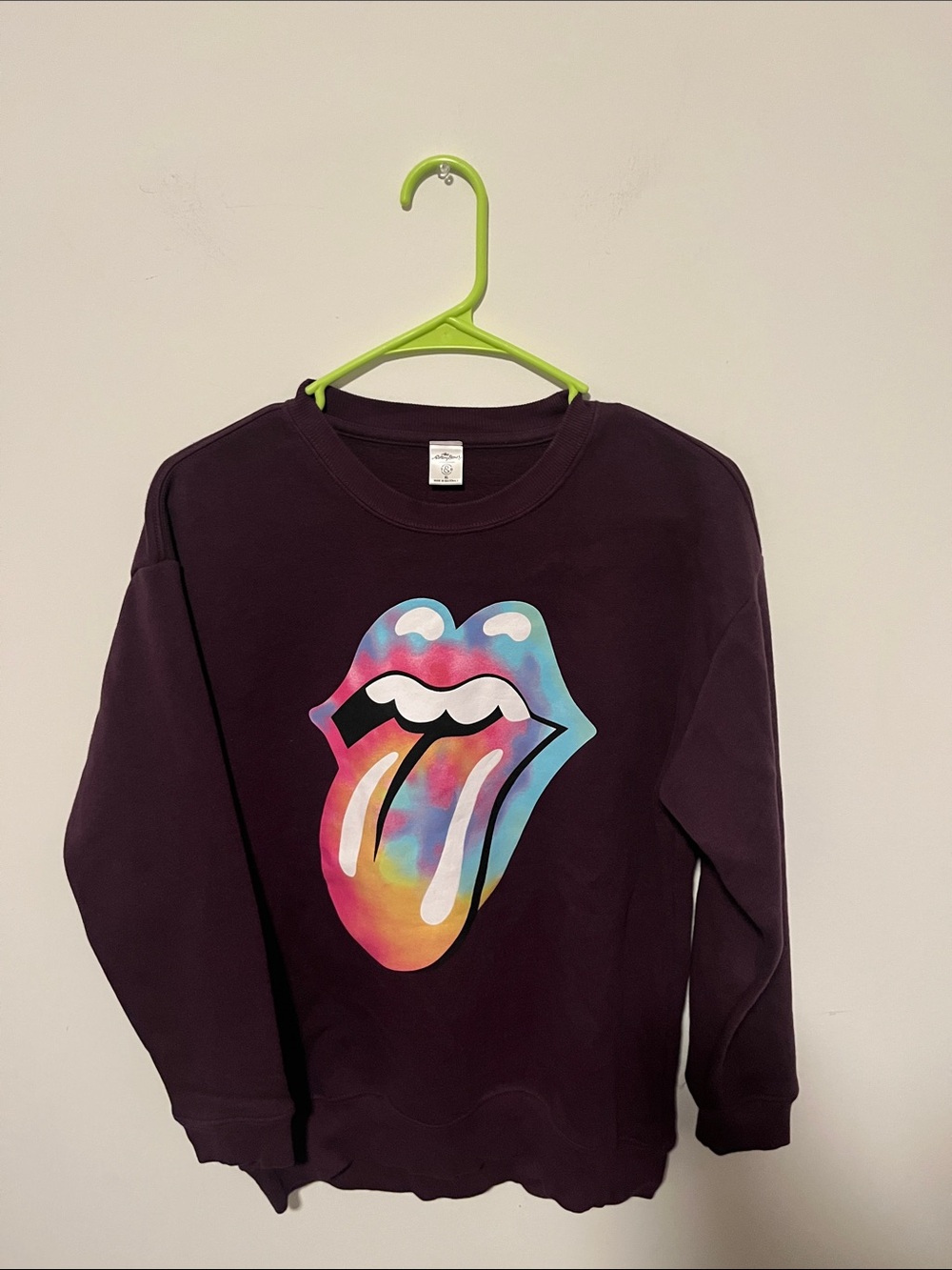 Ladies Burgundy Crewneck Rolling Stones Sweatshirt with Colorful Tongue Graphic